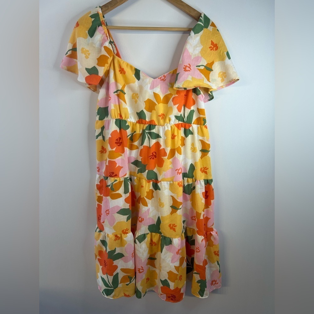 Tullabee Women’s Flutter sleeve Dress, Sz S, Sweetheart Neckline, Orange Floral